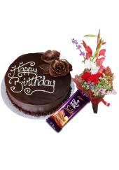 ='Combo of Dark Brown Chocolate Cake + Mix Flowers Bunch + Free Dairy Milk Silk'