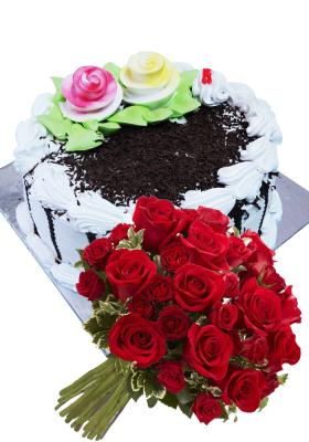 Citystore.in, Flavour Cake, Combo of Black Forest Cake + Rose Flower Bunch, City Store